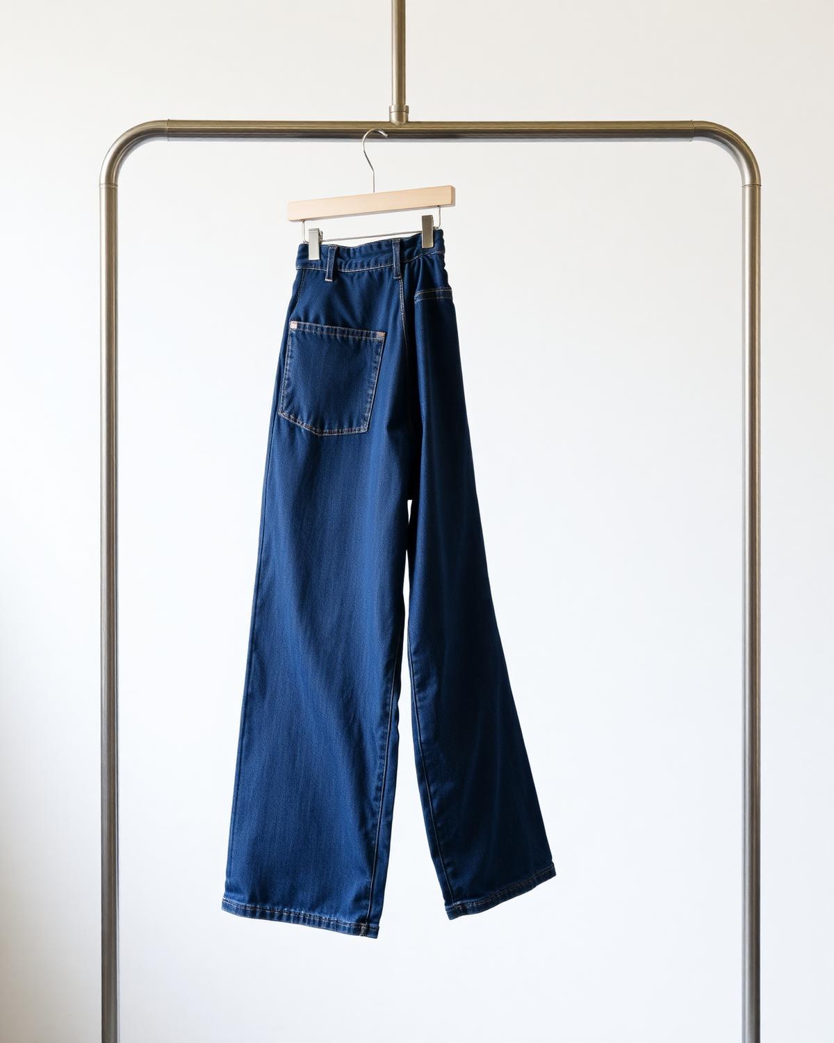 Calça jeans acabada pendurada em arara na fábrica