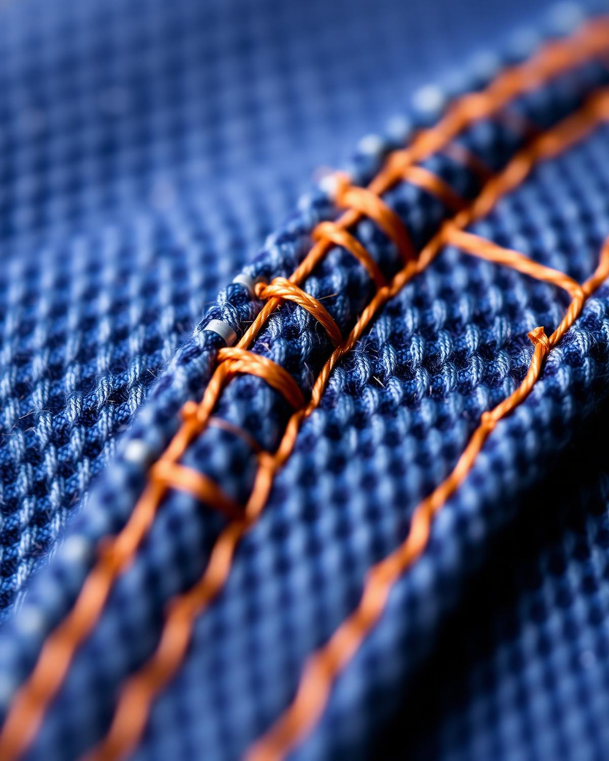 Close do pesponto em uma costura de jeans índigo