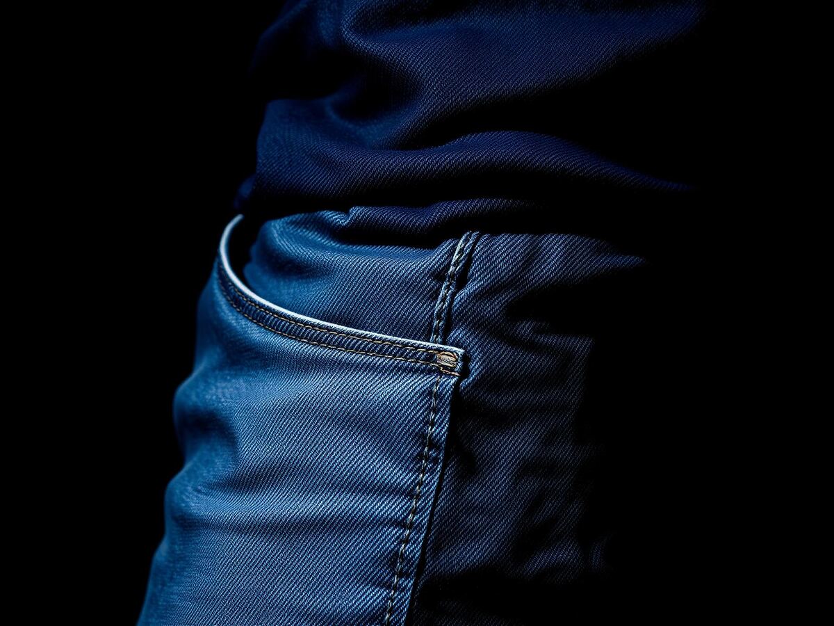 Calça jeans índigo da fábrica Ognus em close, com pesponto aparente